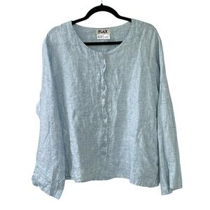FLAX Linen Oversized Button Front Blouse Blue M